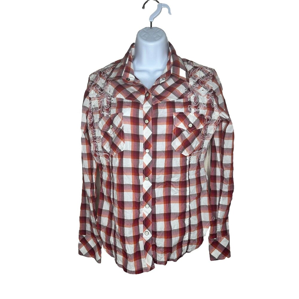 Rock & Roll Cowgirl Rodeo M Pearl LS Rhinestone Plaid Western Snap Shirt Western